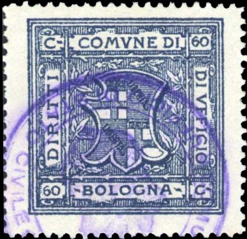 Marca da Bollo del Comune di BOLOGNA su Carta Bianca di dimensioni 28 x 28 mm