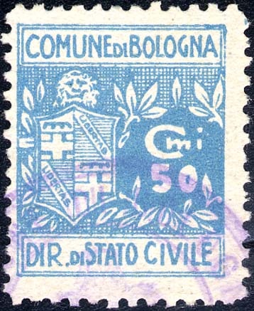 Marca da Bollo del Comune di BOLOGNA su Carta Bianca di dimensioni 20 x 25,5 mm
