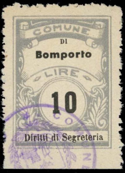 Marca da Bollo del Comune di BOMPORTO su Carta Bianca Sottile di dimensioni 22 x 30 mm