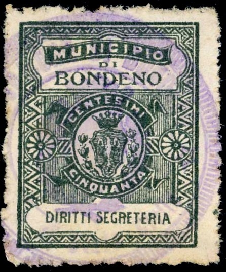 Marca da Bollo del Comune di BONDENO su Carta Bianca di dimensioni 25 x 31,5 mm