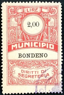 Marca da Bollo del Comune di BONDENO su Carta Bianca Sottile di dimensioni 26 x 43,5 mm