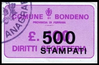 Marca da Bollo del Comune di BONDENO su Carta Bianca di dimensioni 22 x 13 mm