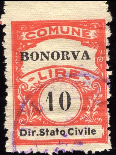 Marca da Bollo del Comune di BONORVA su Carta Bianca di dimensioni 22 x 29 mm