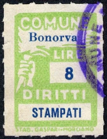 Marca da Bollo del Comune di BONORVA su Carta Bianca di dimensioni 18 x 26,5 mm