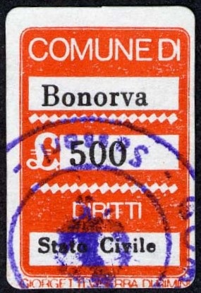 Marca da Bollo del Comune di BONORVA su Carta Bianca di dimensioni 18,5 x 26 mm