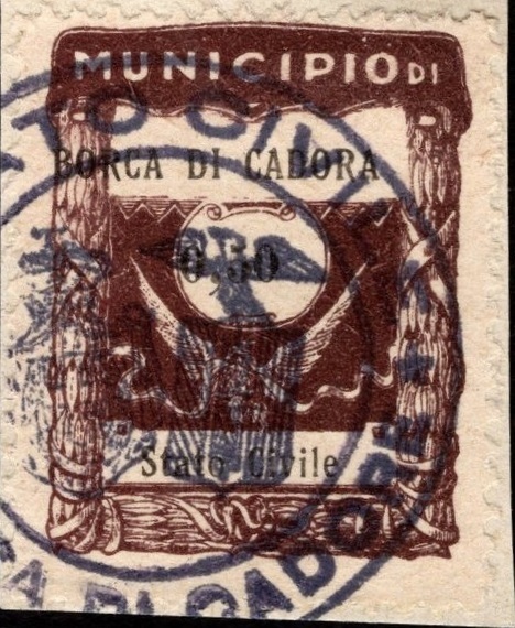Marca da Bollo del Comune di BORCA DI CADORE su Carta Colorata di dimensioni 22 x 28 mm