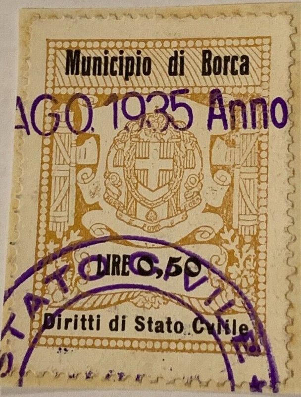 Marca da Bollo del Comune di BORCA DI CADORE su Carta Colorata di dimensioni 22 x 28 mm