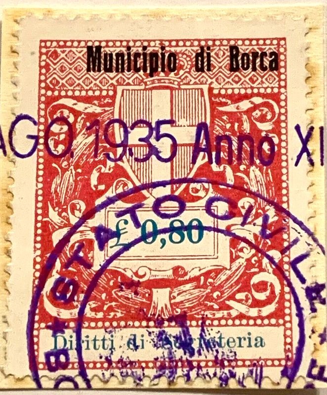 Marca da Bollo del Comune di BORCA DI CADORE su Carta Colorata di dimensioni 22 x 28 mm