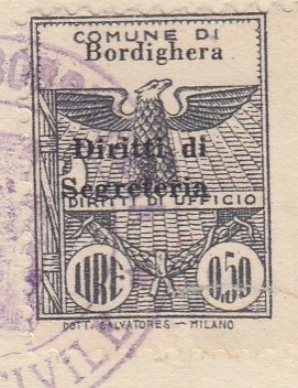 Marca da Bollo del Comune di BORDIGHERA su Carta Bianca di dimensioni 18 x 24 mm