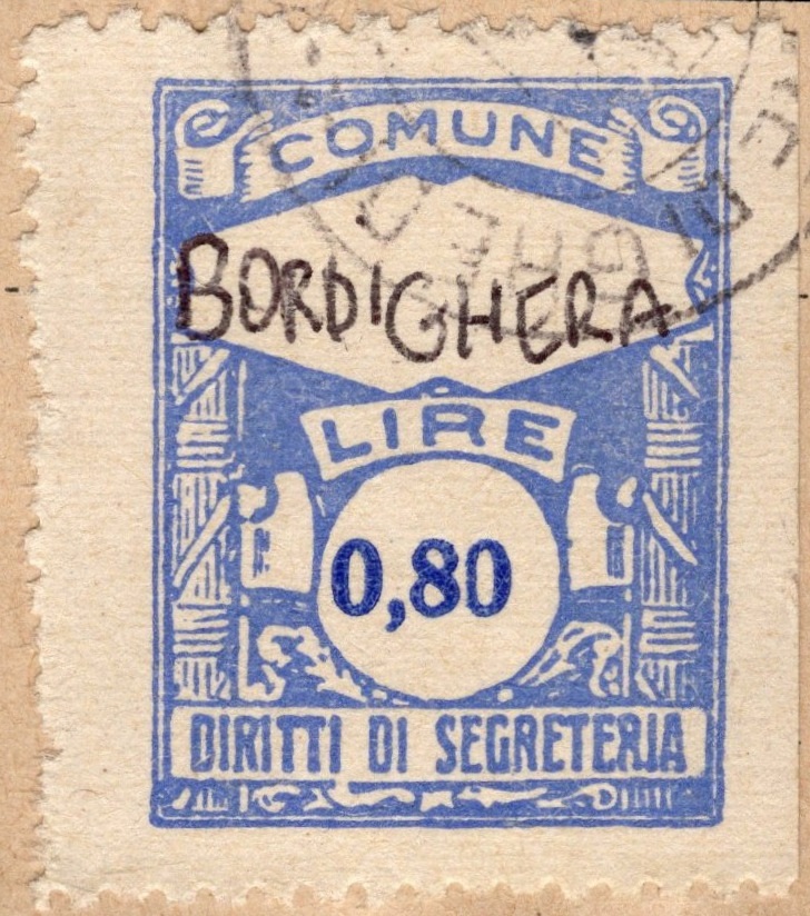 Marca da Bollo del Comune di BORDIGHERA su Carta Bianca di dimensioni 23 x 29 mm