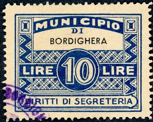 Marca da Bollo del Comune di BORDIGHERA su Carta Bianca di dimensioni mm