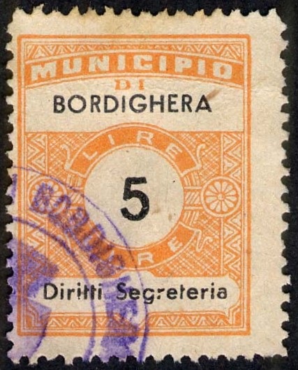 Marca da Bollo del Comune di BORDIGHERA su Carta Bianca di dimensioni 22,5 x 29,5 mm