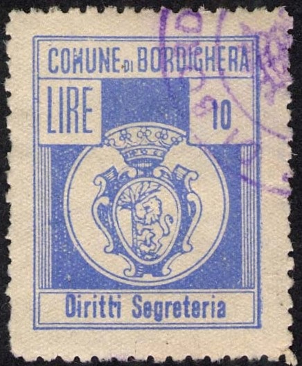 Marca da Bollo del Comune di BORDIGHERA su Carta Bianca di dimensioni 18 x 23 mm