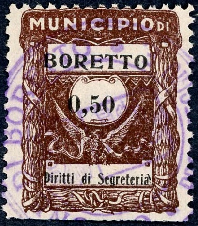 Marca da Bollo del Comune di BORETTO su Carta Bianca di dimensioni 21 x 26 mm