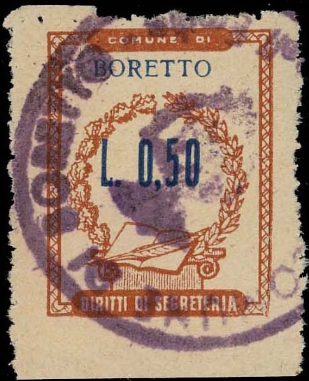Marca da Bollo del Comune di BORETTO su Carta Bianca Sottile di dimensioni 20,5 x 26,5 mm