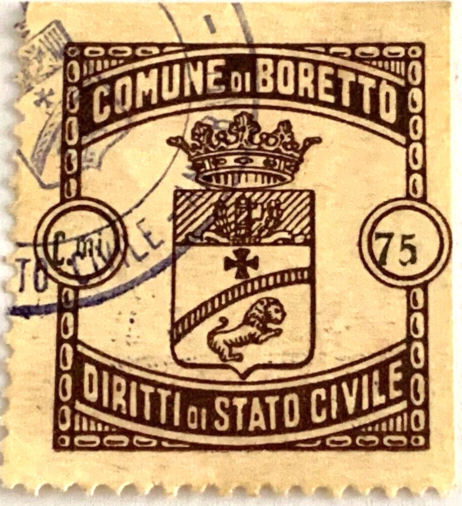 Marca da Bollo del Comune di BORETTO su Carta Bianca di dimensioni 23 x 27 mm
