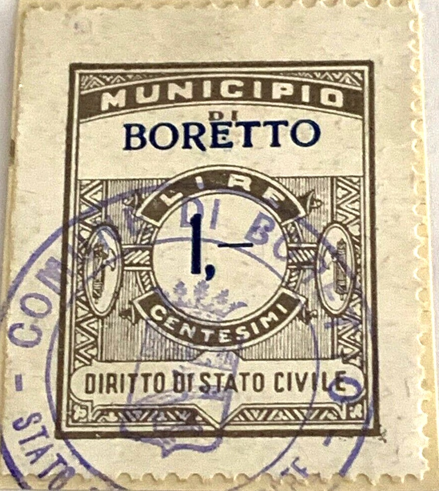 Marca da Bollo del Comune di BORETTO su Carta Bianca di dimensioni 22 x 28 mm