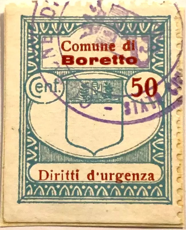 Marca da Bollo del Comune di BORETTO su Carta Bianca di dimensioni 22 x 28 mm