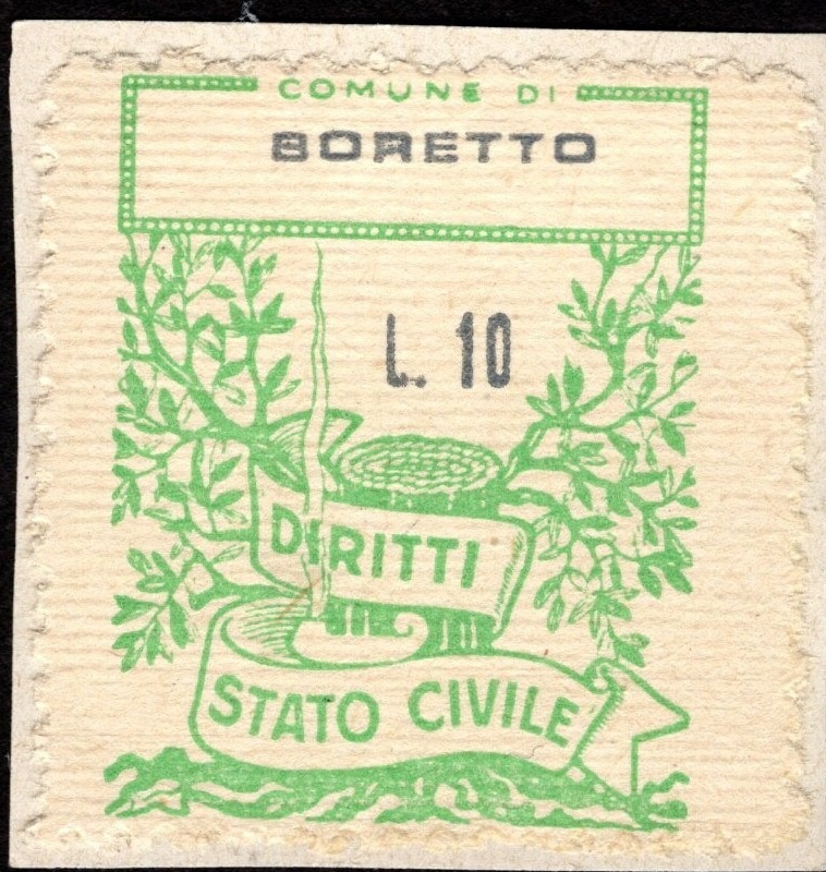 Marca da Bollo del Comune di BORETTO su Carta Bianca di dimensioni 22 x 28 mm