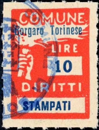 Marca da Bollo del Comune di BORGARO TORINESE su Carta Bianca di dimensioni 18,5 x 26 mm
