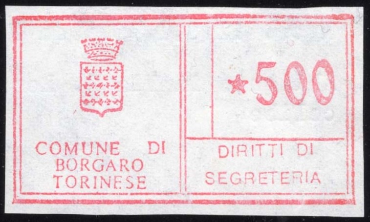 Marca da Bollo del Comune di BORGARO TORINESE su Carta Bianca di dimensioni 52 x 26 mm