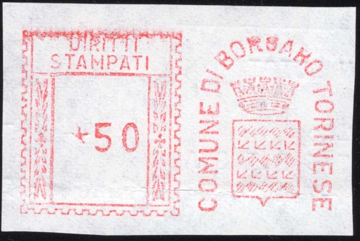 Marca da Bollo del Comune di BORGARO TORINESE su Carta Bianca di dimensioni 52 x 26 mm