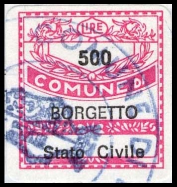 Marca da Bollo del Comune di BORGETTO su Carta Bianca di dimensioni 19 x 21 mm