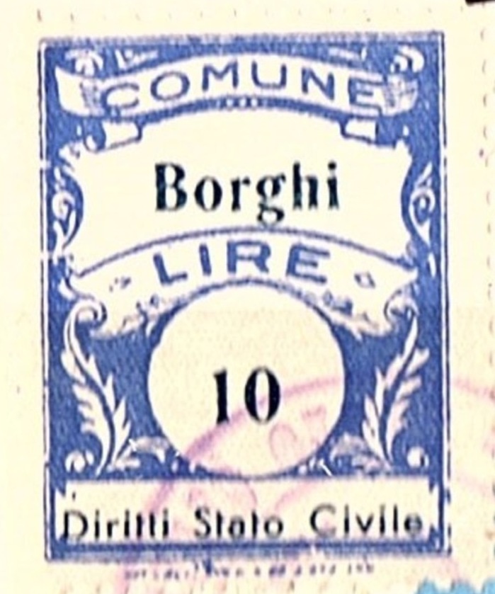 Marca da Bollo del Comune di BORGHI su Carta Bianca di dimensioni 23 X 30 mm