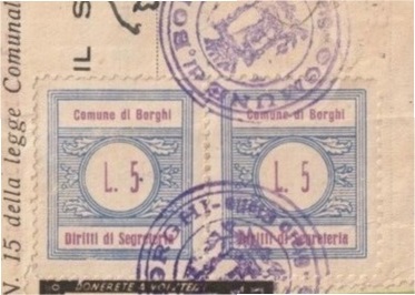 Marca da Bollo del Comune di BORGHI su Carta Bianca di dimensioni 22 x 29 mm