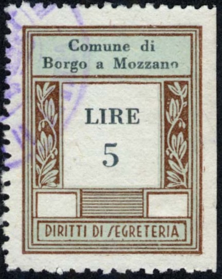 Marca da Bollo del Comune di BORGO A MOZZANO su Carta Bianca di dimensioni 23 x 29,5 mm