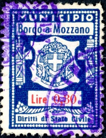Marca da Bollo del Comune di BORGO A MOZZANO su Carta Bianca di dimensioni 20,5 x 27 mm
