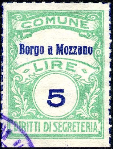 Marca da Bollo del Comune di BORGO A MOZZANO su Carta Bianca di dimensioni 22,5 x 29 mm