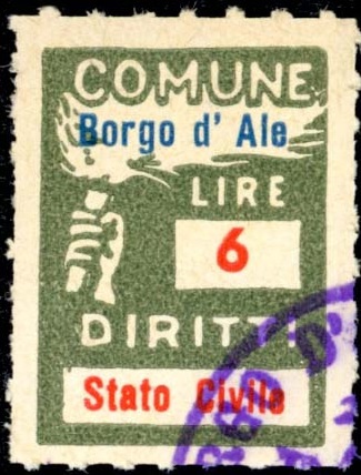 Marca da Bollo del Comune di BORGO D´ALE su Carta Bianca di dimensioni 18 x 25 mm