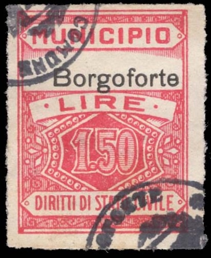 Marca da Bollo del Comune di BORGOFORTE su Carta Bianca di dimensioni 23 x 30,5 mm