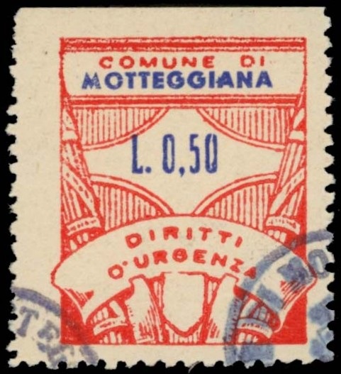 Marca da Bollo del Comune di MOTTEGGIANA su Carta Bianca di dimensioni 23 x 29 mm