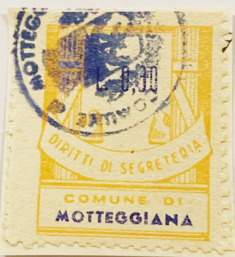 Marca da Bollo del Comune di MOTTEGGIANA su Carta Bianca di dimensioni 23 x 28 mm