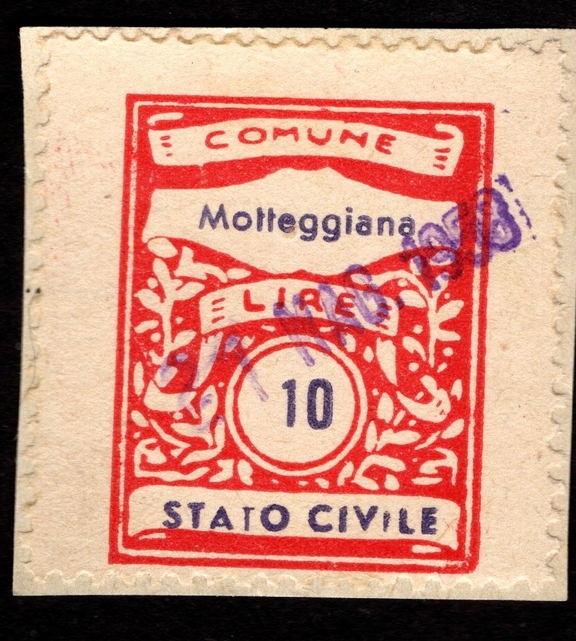 Marca da Bollo del Comune di MOTTEGGIANA su Carta Bianca di dimensioni 15 x 19 mm