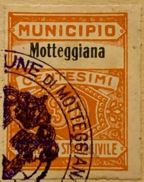 Marca da Bollo del Comune di MOTTEGGIANA su Carta Bianca di dimensioni 22 x 29 mm