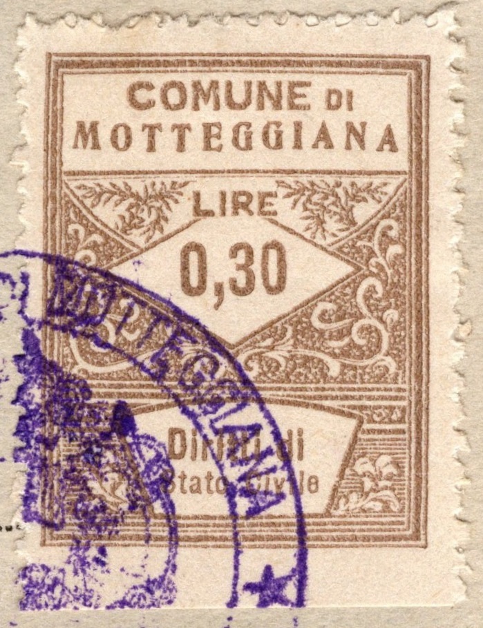 Marca da Bollo del Comune di MOTTEGGIANA su Carta Bianca di dimensioni 21 x 29 mm