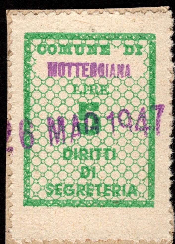 Marca da Bollo del Comune di MOTTEGGIANA su Carta Bianca di dimensioni 21 x 29 mm