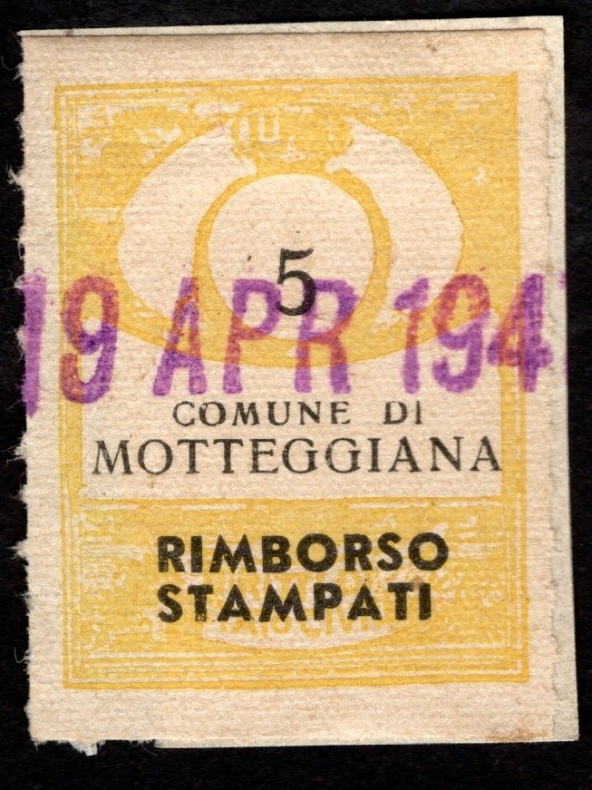 Marca da Bollo del Comune di MOTTEGGIANA su Carta Bianca di dimensioni 23 X 30 mm
