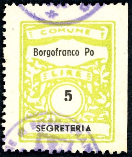 Marca da Bollo del Comune di BORGOFRANCO SUL PO su Carta Bianca di dimensioni 22,5 x 29 mm