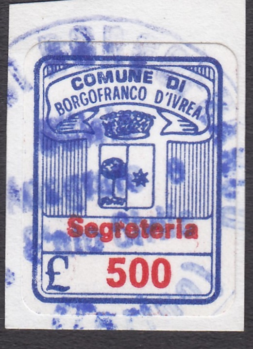 Marca da Bollo del Comune di BORGOFRANCO D´IVREA su Carta Bianca di dimensioni 15,5 x 20,5 mm
