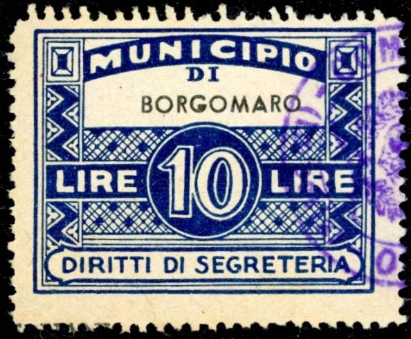Marca da Bollo del Comune di BORGOMARO su Carta Bianca di dimensioni 25,5 x 22,5 mm