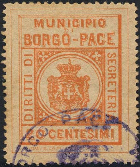 Marca da Bollo del Comune di BORGO PACE su Carta Bianca di dimensioni 27,5 x 34,5 mm