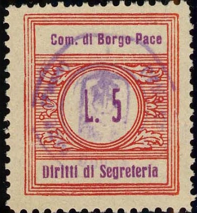 Marca da Bollo del Comune di BORGO PACE su Carta Bianca di dimensioni 22 x 25,5 mm