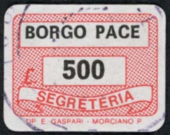Marca da Bollo del Comune di BORGO PACE su Carta Bianca di dimensioni 19 x 14,5 mm