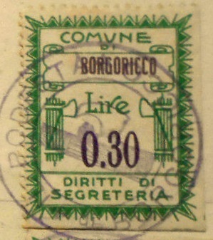 Marca da Bollo del Comune di BORGORICCO su Carta Bianca di dimensioni 26,5 x 33 mm