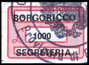 Marca da Bollo del Comune di BORGORICCO su Carta Bianca di dimensioni 18,5 x 12,5 mm