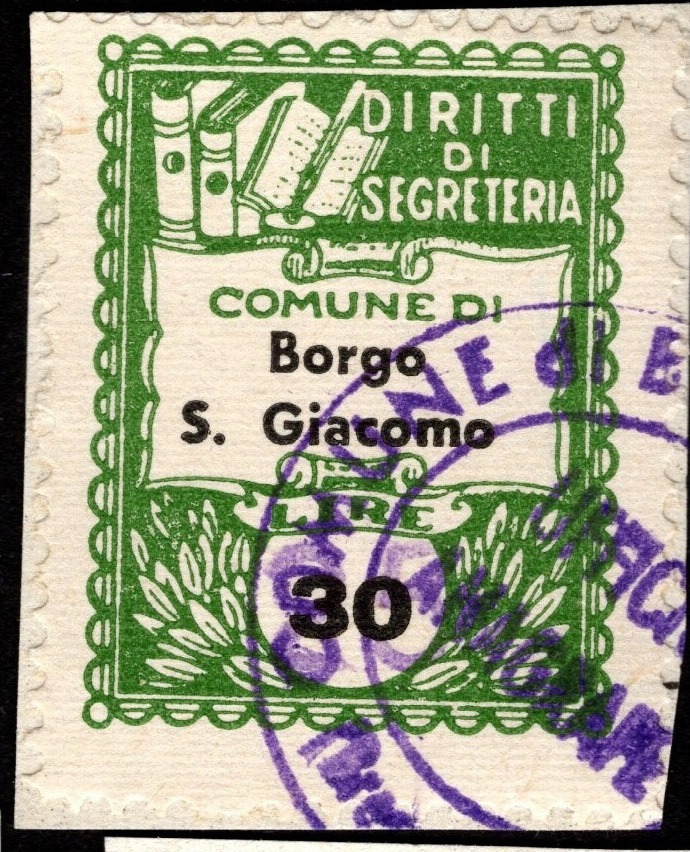 Marca da Bollo del Comune di BORGO SAN GIACOMO su Carta Bianca di dimensioni 21 x 26 mm